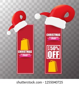 vector Christmas sales paper banner or tag label with red santa hat on transparent background. Red winter Christmas sale poster design template or background
