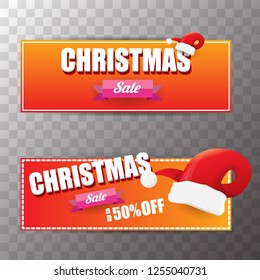 vector Christmas sales paper banner or tag label with red santa hat on transparent background. Red winter Christmas sale poster design template or background