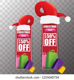 vector Christmas sales paper banner or tag label with red santa hat on transparent background. Red winter Christmas sale poster design template or background