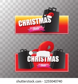 vector Christmas sales paper banner or tag label with red santa hat on transparent background. Red winter Christmas sale poster design template or background