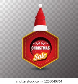 vector Christmas sales paper banner or tag label with red santa hat on transparent background. Red winter Christmas sale poster design template or background