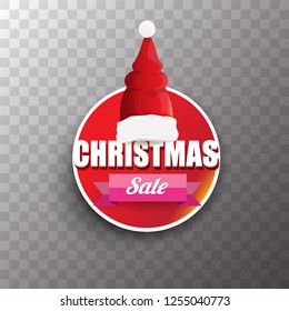 vector Christmas sales paper banner or tag label with red santa hat on transparent background. Red winter Christmas sale poster design template or background