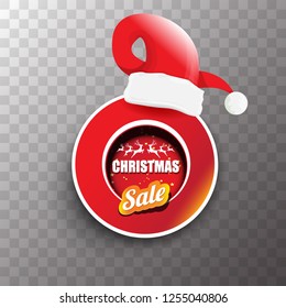 vector Christmas sales paper banner or tag label with red santa hat on transparent background. Red winter Christmas sale poster design template or background