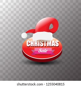 vector Christmas sales paper banner or tag label with red santa hat on transparent background. Red winter Christmas sale poster design template or background