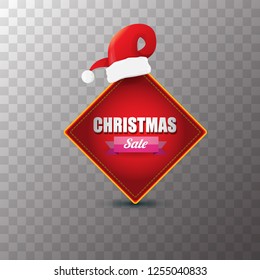 vector Christmas sales paper banner or tag label with red santa hat on transparent background. Red winter Christmas sale poster design template or background