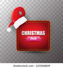 vector Christmas sales paper banner or tag label with red santa hat on transparent background. Red winter Christmas sale poster design template or background