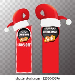 vector Christmas sales paper banner or tag label with red santa hat on transparent background. Red winter Christmas sale poster design template or background
