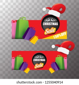 vector Christmas sales paper banner or tag label with red santa hat on transparent background. Red winter Christmas sale poster design template or background