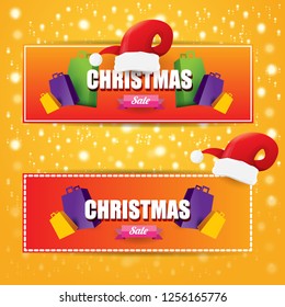 vector Christmas sales paper banner or tag label with red santa hat on orange background. Red winter Christmas sale poster design template or background