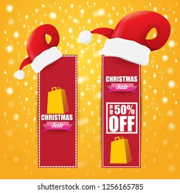 vector Christmas sales paper banner or tag label with red santa hat on orange background. Red winter Christmas sale poster design template or background