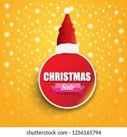 vector Christmas sales paper banner or tag label with red santa hat on orange background. Red winter Christmas sale poster design template or background