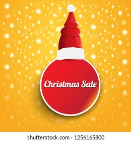 vector Christmas sales paper banner or tag label with red santa hat on orange background. Red winter Christmas sale poster design template or background