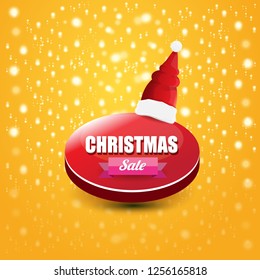 vector Christmas sales paper banner or tag label with red santa hat on orange background. Red winter Christmas sale poster design template or background