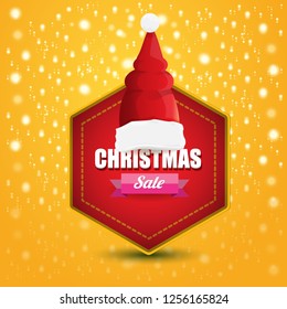 vector Christmas sales paper banner or tag label with red santa hat on orange background. Red winter Christmas sale poster design template or background