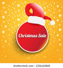 vector Christmas sales paper banner or tag label with red santa hat on orange background. Red winter Christmas sale poster design template or background