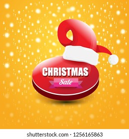vector Christmas sales paper banner or tag label with red santa hat on orange background. Red winter Christmas sale poster design template or background