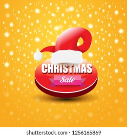 vector Christmas sales paper banner or tag label with red santa hat on orange background. Red winter Christmas sale poster design template or background