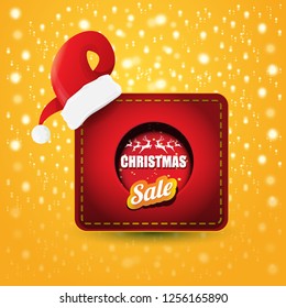 vector Christmas sales paper banner or tag label with red santa hat on orange background. Red winter Christmas sale poster design template or background