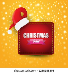 vector Christmas sales paper banner or tag label with red santa hat on orange background. Red winter Christmas sale poster design template or background