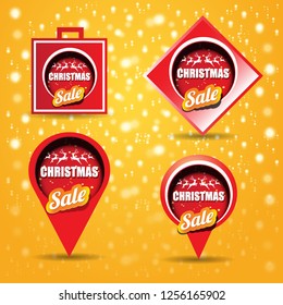 vector Christmas sales paper banner or tag label with red santa hat on orange background. Red winter Christmas sale poster design template or background