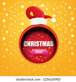 vector Christmas sales paper banner or tag label with red santa hat on orange background. Red winter Christmas sale poster design template or background