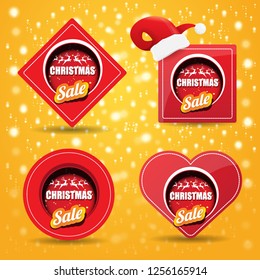 vector Christmas sales paper banner or tag label with red santa hat on orange background. Red winter Christmas sale poster design template or background