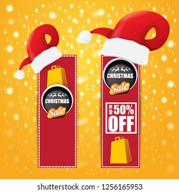 vector Christmas sales paper banner or tag label with red santa hat on orange background. Red winter Christmas sale poster design template or background