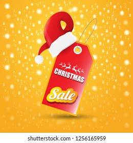 vector Christmas sales paper banner or tag label with red santa hat on orange background. Red winter Christmas sale poster design template or background