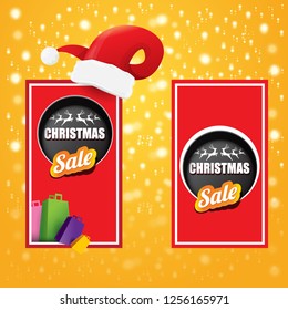 vector Christmas sales paper banner or tag label with red santa hat on orange background. Red winter Christmas sale poster design template or background