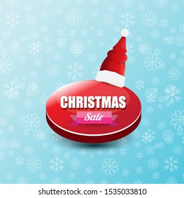 vector Christmas sales paper banner or tag label with red santa hat on snowy blue background with falling snowflakes. Red winter Christmas sale poster design template or background