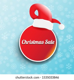 vector Christmas sales paper banner or tag label with red santa hat on snowy blue background with falling snowflakes. Red winter Christmas sale poster design template or background