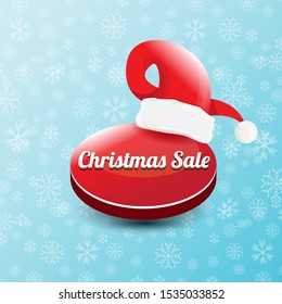 vector Christmas sales paper banner or tag label with red santa hat on snowy blue background with falling snowflakes. Red winter Christmas sale poster design template or background