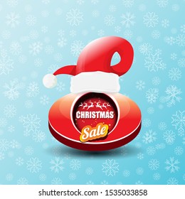 vector Christmas sales paper banner or tag label with red santa hat on snowy blue background with falling snowflakes. Red winter Christmas sale poster design template or background