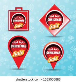 vector Christmas sales paper banner or tag label with red santa hat on snowy blue background with falling snowflakes. Red winter Christmas sale poster design template or background