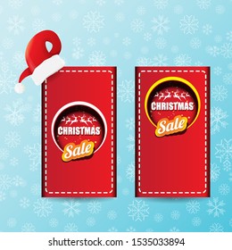 vector Christmas sales paper banner or tag label with red santa hat on snowy blue background with falling snowflakes. Red winter Christmas sale poster design template or background