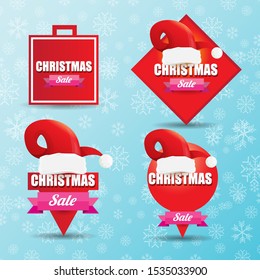 vector Christmas sales paper banner or tag label with red santa hat on snowy blue background with falling snowflakes. Red winter Christmas sale poster design template or background