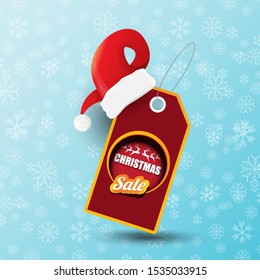 vector Christmas sales paper banner or tag label with red santa hat on snowy blue background with falling snowflakes. Red winter Christmas sale poster design template or background