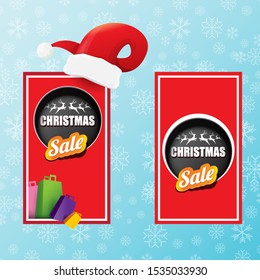 vector Christmas sales paper banner or tag label with red santa hat on snowy blue background with falling snowflakes. Red winter Christmas sale poster design template or background