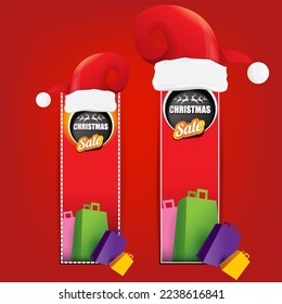 vector Christmas sales paper banner or tag label with red santa hat on classic red christmas background. Red winter Christmas sale poster, banner, social media post design template and background