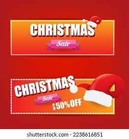 vector Christmas sales paper banner or tag label with red santa hat on classic red christmas background. Red winter Christmas sale poster, banner, social media post design template and background