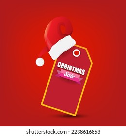 vector Christmas sales paper banner or tag label with red santa hat on classic red christmas background. Red winter Christmas sale poster, banner, social media post design template and background