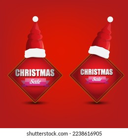vector Christmas sales paper banner or tag label with red santa hat on classic red christmas background. Red winter Christmas sale poster, banner, social media post design template and background