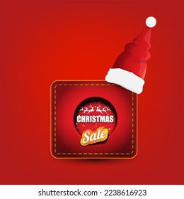 vector Christmas sales paper banner or tag label with red santa hat on classic red christmas background. Red winter Christmas sale poster, banner, social media post design template and background