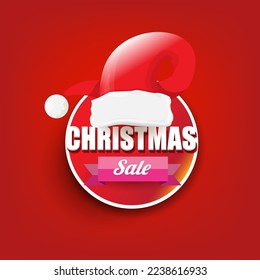 vector Christmas sales paper banner or tag label with red santa hat on classic red christmas background. Red winter Christmas sale poster, banner, social media post design template and background