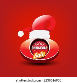 vector Christmas sales paper banner or tag label with red santa hat on classic red christmas background. Red winter Christmas sale poster, banner, social media post design template and background