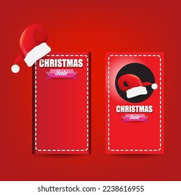 vector Christmas sales paper banner or tag label with red santa hat on classic red christmas background. Red winter Christmas sale poster, banner, social media post design template and background