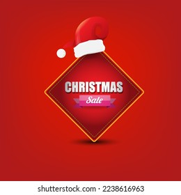 vector Christmas sales paper banner or tag label with red santa hat on classic red christmas background. Red winter Christmas sale poster, banner, social media post design template and background