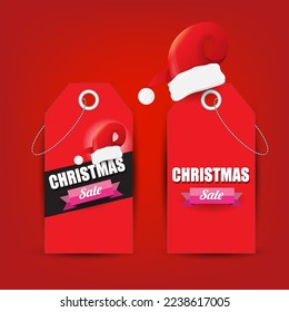 vector Christmas sales paper banner or tag label with red santa hat on classic red christmas background. Red winter Christmas sale poster, banner, social media post design template and background