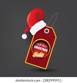 vector Christmas sales paper banner or tag label with red santa hat on grey christmas background. Red winter Christmas sale poster, banner, social media post design template and background