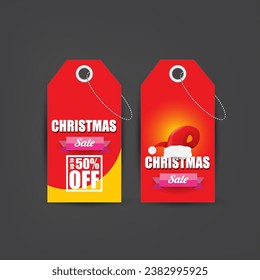 vector Christmas sales paper banner or tag label with red santa hat on grey christmas background. Red winter Christmas sale poster, banner, social media post design template and background